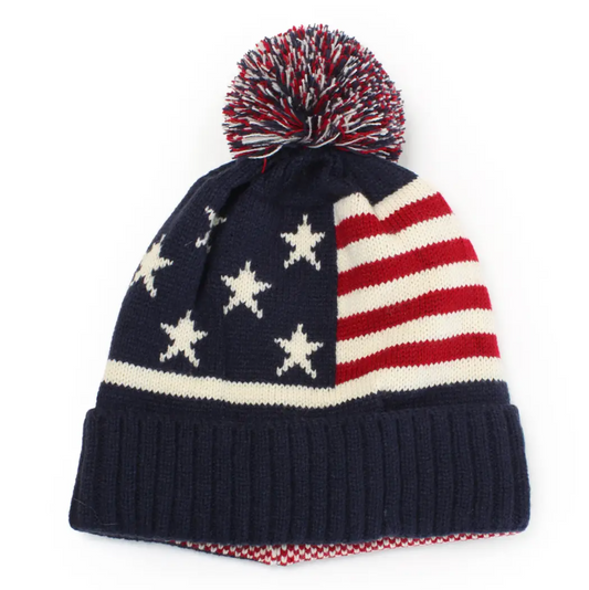 American Flag Knit Beanie with Pom Pom